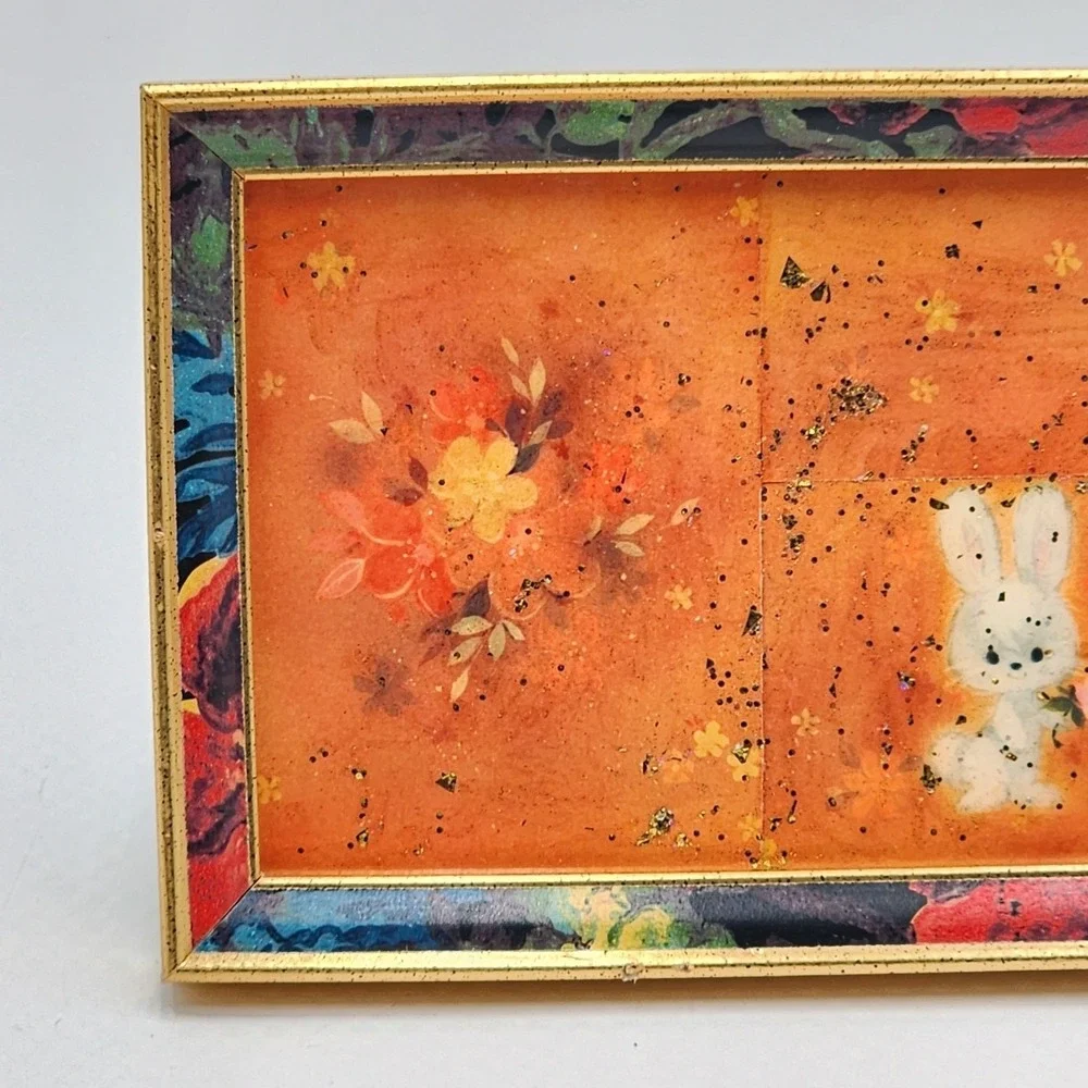 Vintage 1980s Colorful Floral Frame Gold Trim with Vintage Bunny Floral Ephemera